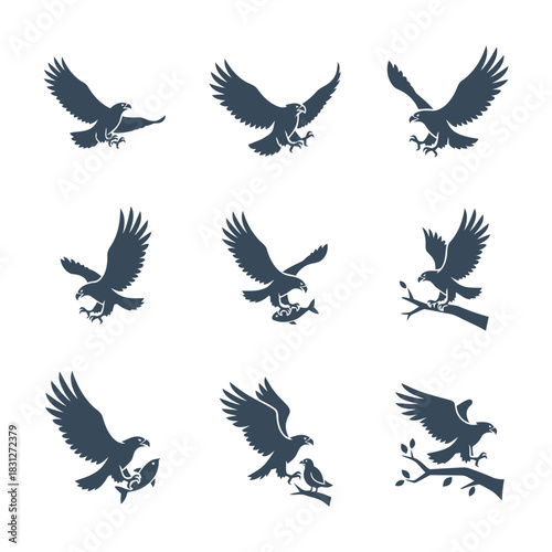 Nine dark blue hawk and eagle icons in various flying and hunting poses, capturing nature's majestic predators vector.