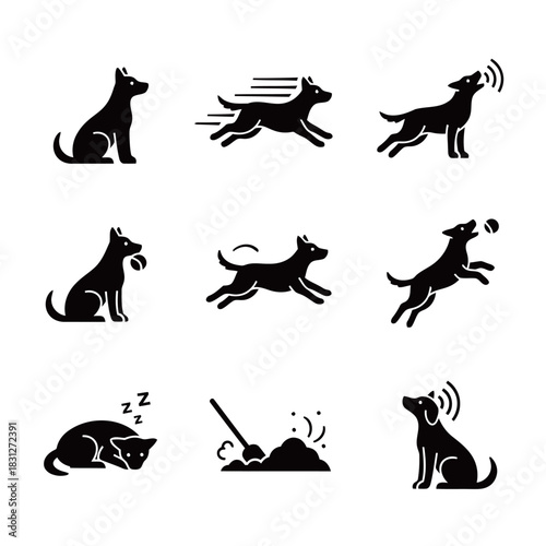 Nine simple black dog silhouette icons depicting various domestic animal actions, like running, barking, and digging.