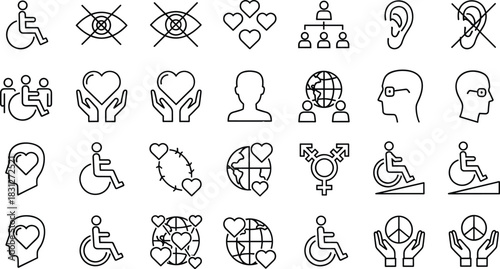 Set of outline icons representing accessibility, human rights, global diversity, inclusion, disability symbols, love, peace, and universal gender equality concepts for design projects vector.