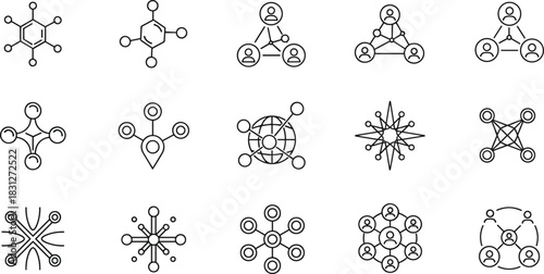Set of outline icons representing abstract networks, molecular structures, social connections, global communication, decentralized systems, teamwork, and complex 