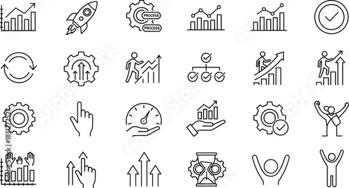 Set of outline icons representing business process optimization, performance improvement, startup success, financial growth charts, productivity, 