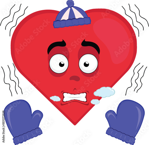vector illustration emoticon character heart cartoon shivering cold, wearing gloves and a winter hat, with breath vapor in his mouth