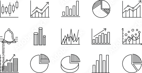 Set of outline icons representing financial data analysis, business growth charts, statistical graphs, bar charts, pie diagrams, stock market candlestick plots, and revenue reports vector.