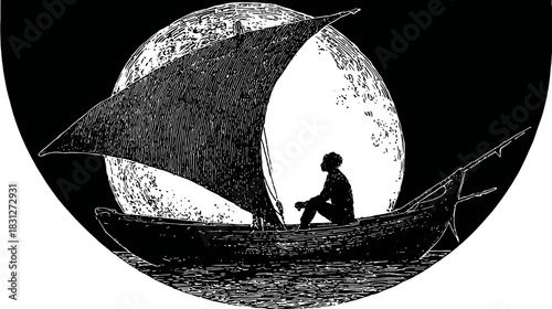 Traditional sailboat silhouette with a lone figure sailing on water under a large full moon at night, vintage woodcut style illustration