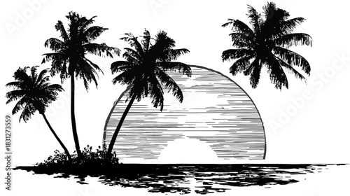 Tropical palm tree silhouettes at sunset over the ocean, an idyllic island paradise vector graphic illustration in black and white.