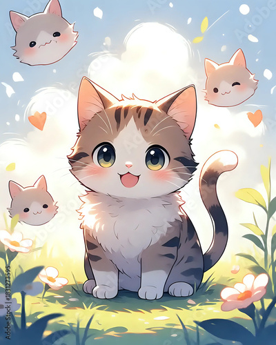 Illustration jeunesse d'un petit chat kawaii dehors, dans la nature