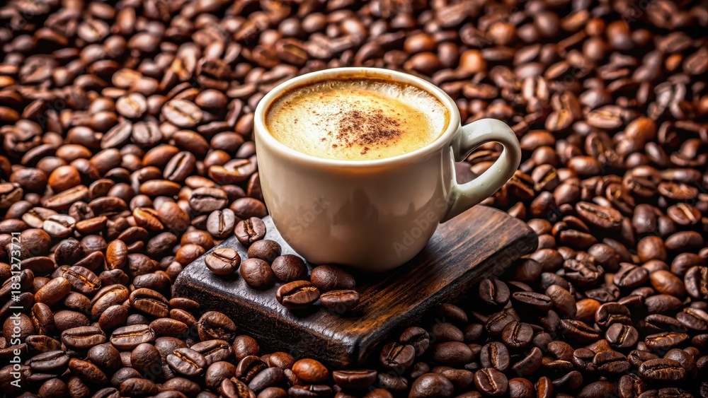 Fototapeta premium Espresso shot in a cup with milk foam and chocolate powder on top surrounded by coffee beans, caffeine