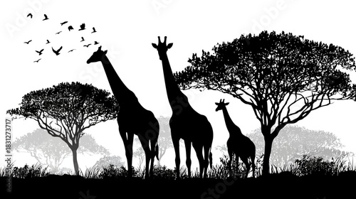 Giraffe family silhouette in African savanna landscape with acacia trees and flying birds, black and white wildlife illustration