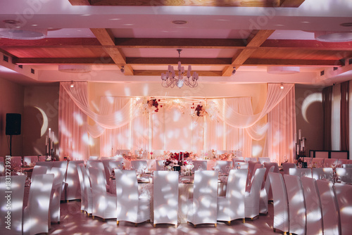 Elegant banquet hall prepared for a wedding celebration