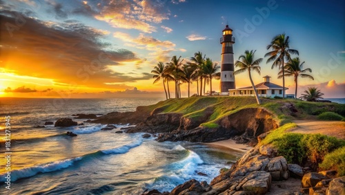 Lighthouse in Barra Beach at sunset with rugged coastline and palm trees, ocean view, sunset