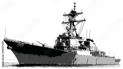 Detailed grayscale illustration of a modern naval combat vessel, a powerful warship or destroyer, sailing on the open ocean