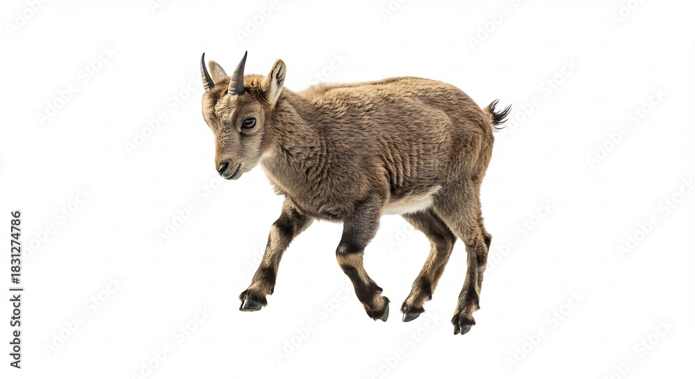 Obraz premium 明るい白い背景に凛と立つ若い山羊の子の全身像均一な光が力強い角と柔らかな毛並みを美しく照らしその野生的な魅力が鮮やかに表現される. AI Generated