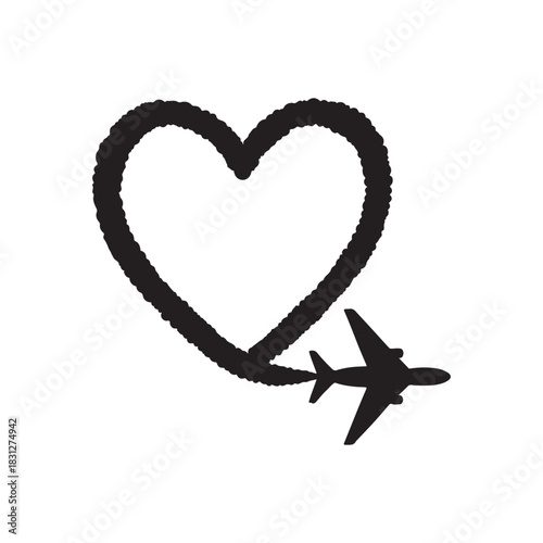 Airplane flying around a heart shape concept for travel love and destinations around the world with global reach silhouette