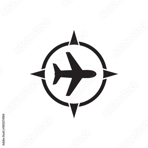 Travel and navigation icon showing airplane inside compass rose for tourism industry and directional symbols for aviation maps and airline branding silhouette