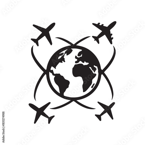 Global Travel and International Flights Concept Featuring Airplanes Circling The Earth Promoting Worldwide Destinations and Tourism Industries silhouette