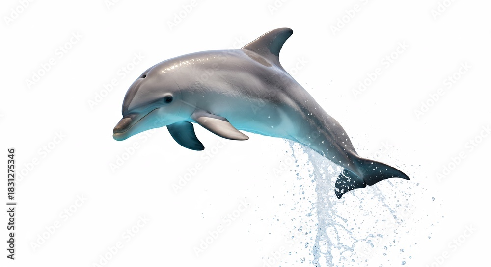 Fototapeta premium 明るい光を浴びて青く輝く水しぶきを上げながら空中へ力強く飛び跳ねる優雅なイルカの姿流れるような曲線と躍動感が白い背景に鮮やかに映える瞬間. AI Generated
