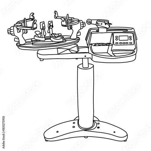 Professional tennis racket stringing machine line art illustration.