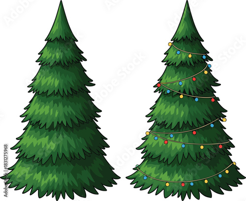 Evergreen tree comparison, festive holiday decor, plain vs decorated pine, cartoon style, colorful ornaments, winter celebration, cad drawing flat vector illustration