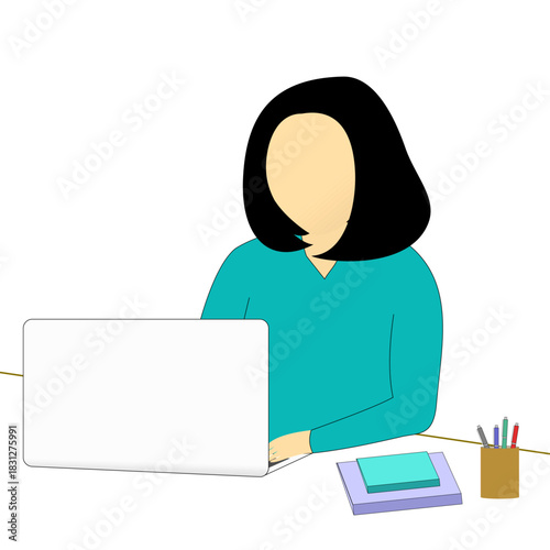WOMAN WITH SHORT HAIR IN FRONT OF A LAPTOP