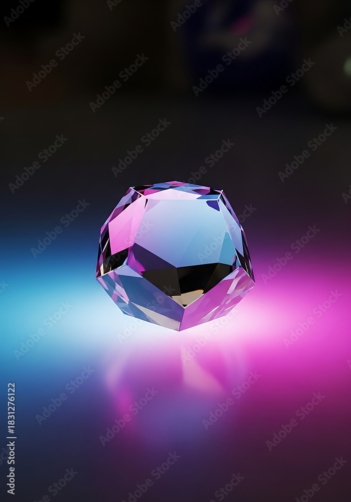 Fototapeta premium Iridescent polygonal gemstone, crystal facets illuminated by vivid gradient
