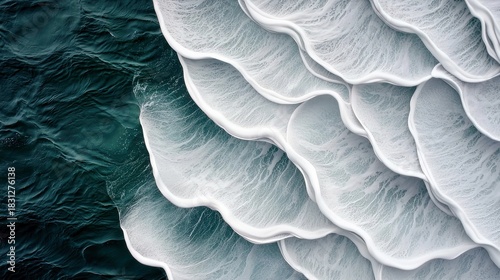 Fototapeta Naklejka Na Ścianę i Meble -  An aerial view of ocean waves creating an abstract pattern. The waves are white and foamy, contrasting with the deep teal water. The overall mood is serene and