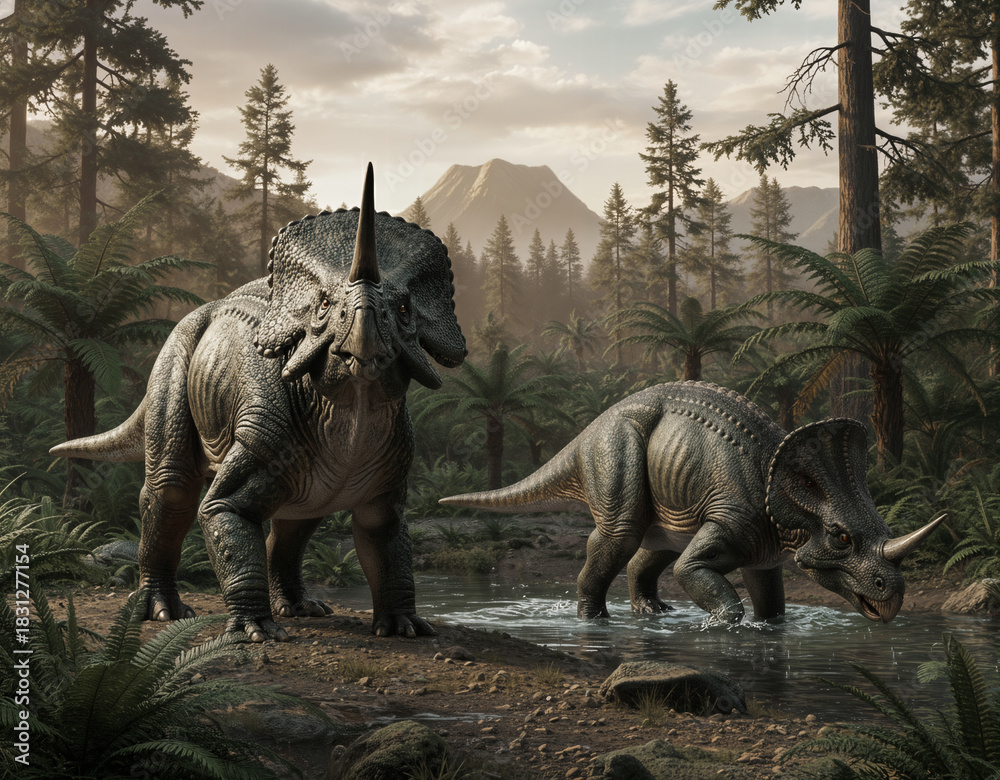 Fototapeta premium Monoclonius (Monoclonius sp.) Horned Ceratopsian Pair Late Cretaceous North American Woodlands Paleoartistic Interpretation