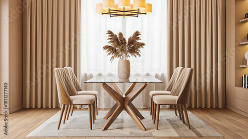 Modern dining room with glass table, beige chairs, pampas centerpiece, chandelier, and sheer curtains