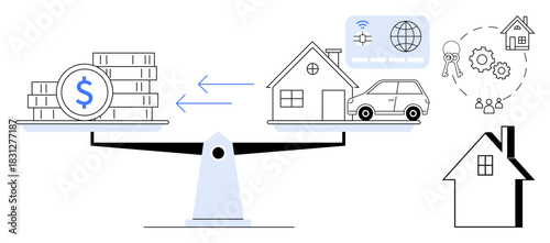 Scales balancing stacks of coins with a house and car. Elements include connectivity, home network, and people sharing ideas. Ideal for real estate, investments, budgeting, homeownership, cost