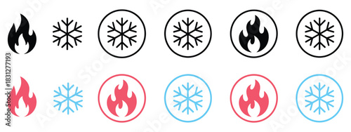 Snowflake and fire icon collection, featuring bold contrasting cold and heat elements, ideal for dynamic weather graphics, HVAC branding, and professional user-interface design