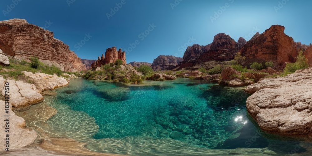Obraz premium Tranquil hdr panoramic landscape crystal clear water nature desert oasis