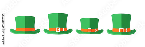 Four green top hats with orange bands and buckles, traditionally associated with leprechauns and St. Patrick's Day celebrations.