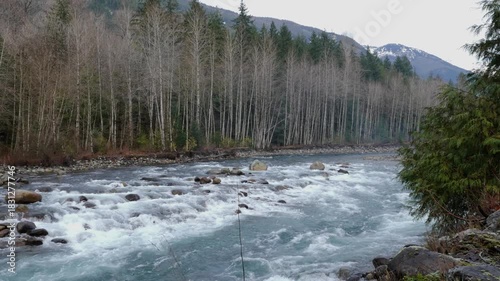 Chilliwack River (pan left) during a fall season in Chilliwack, Fraser Valley, British Columbia, Canada