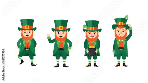 Four cute cartoon leprechaun characters in green outfits, some with beards, holding a pot of gold or waving, celebrating Irish luck.