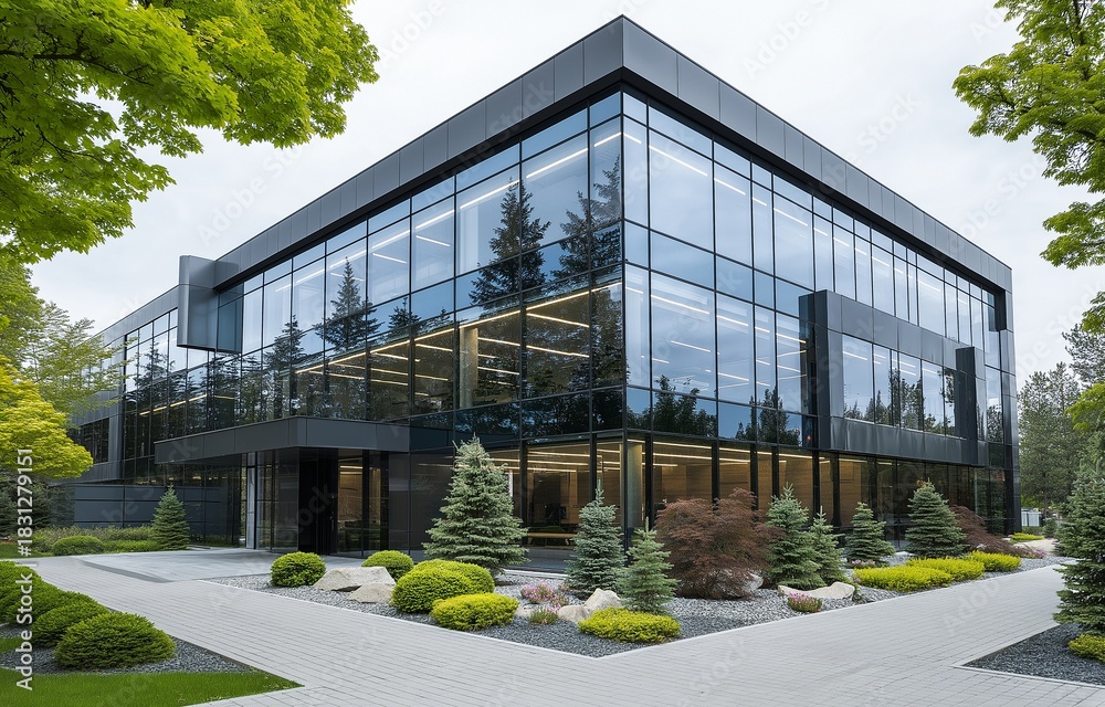 Fototapeta premium The facade of a contemporary glass office building features clean lines and lush greenery.