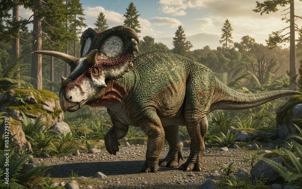 Fototapeta premium Medusaceratops lokii, a herbivorous ceratopsian dinosaur that lived in the Late Cretaceous of Montana, North America