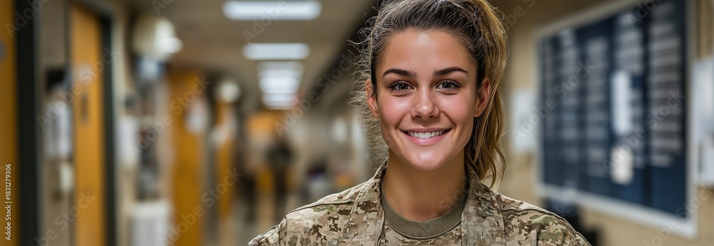 Fototapeta premium Military girl student wears uniform