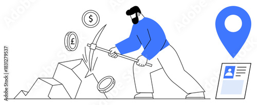 Cryptocurrency mining. Worker extracting digital currency symbols, cryptocurrency mining. Cryptocurrency linked with financial technology. For blockchain, fintech, investments, trading, innovation