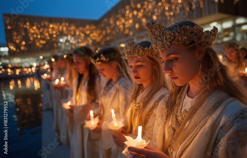 Lucia day hospital celebration with saint lucia procession in traditional white dresses and candle crowns