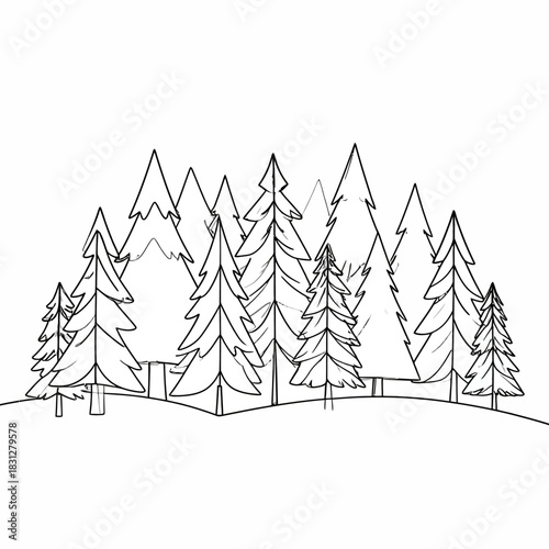 Line Art Forest Illustration with Evergreen Trees.