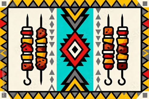 Modern Turkish kebab vector pattern for restaurant branding and food apps. Minimalist geometric Kilim rug style with flat colors, symmetry, and high contrast.