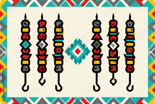 Modern Turkish kebab vector pattern for restaurant branding and food apps. Minimalist geometric Kilim rug style with flat colors, symmetry, and high contrast.