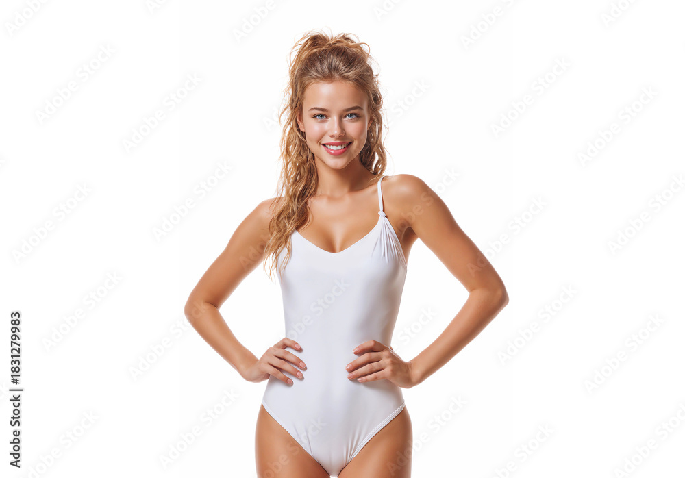 Fototapeta premium Young woman wearing blank white swimsuit mockup, ai generated
