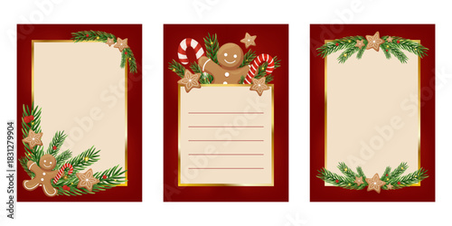 Christmas themed stationery with gingerbread cookies, candy canes and pine branches on red background.