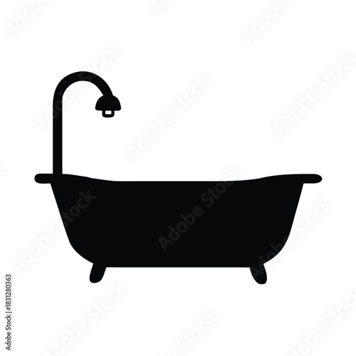 Simple black silhouette icon representing a classic clawfoot bathtub with a shower attachmenton white background 