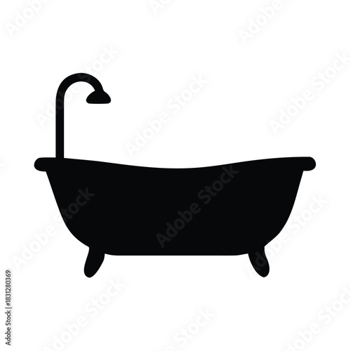 Simple black silhouette icon representing a classic clawfoot bathtub with a shower attachment