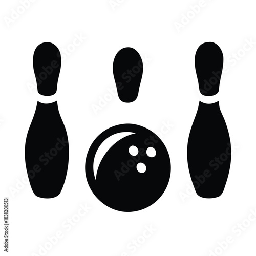 Simple black silhouette icon representing a bowling ball and three pins for sport graphics