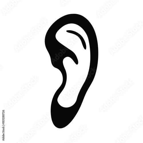A simple black and white drawing of a human ear on white surface 
