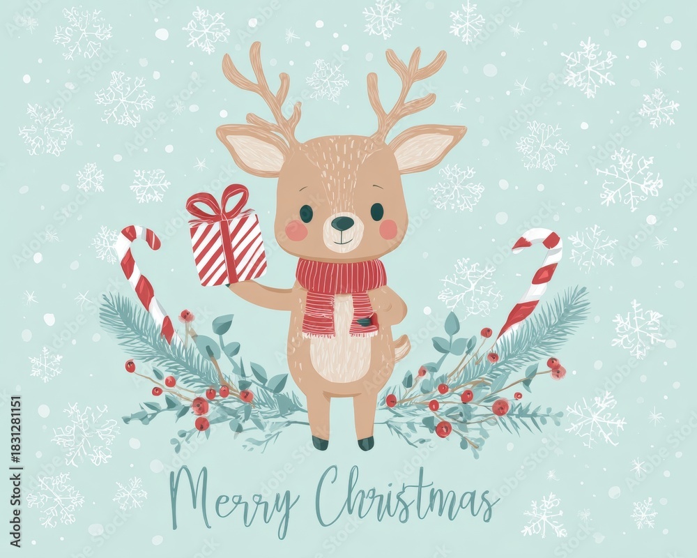 Fototapeta premium Cute reindeer holding gift with festive holiday decoration, winter scene featuring Christmas colors, seasonal illustration for greeting cards, seasonal decor, holiday spirit