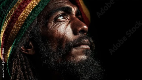 Portrait of contemplative man with dreadlocks looking up in dark studio setting