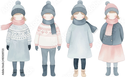冬服の女の子のふんわり水彩風イラスト